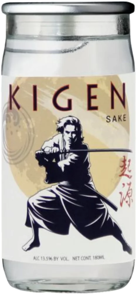 Kigen sake bottle with martial artist illustration