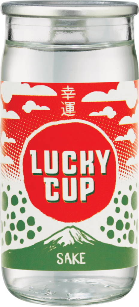 Lucky Cup sake bottle with red label and Mt. Fuji.