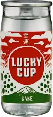 Lucky Cup sake can design with Mount Fuji graphic.