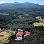 Aerial view of lush valley with fields and mountains.