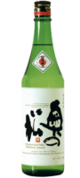 Green bottle of Japanese sake with label.