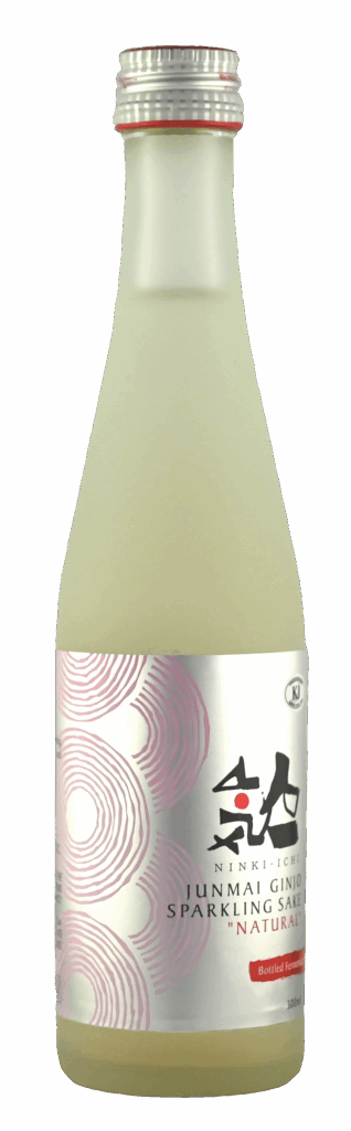 Junmai Ginjo sparkling sake bottle with design label.