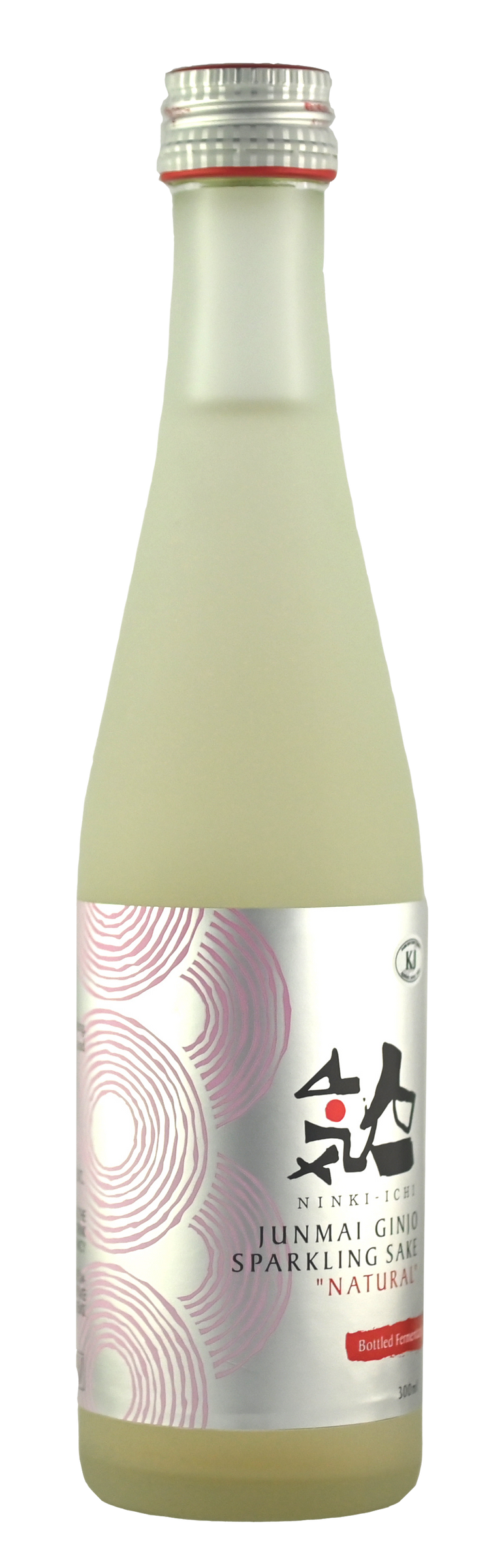 Junmai Ginjo sparkling sake bottle with design label.